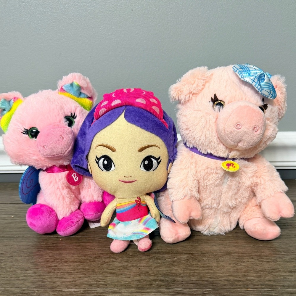 Barbie Dreamtopia Plush Lot Fairy Doll Pink Pigs Stuffed Animals 3pc Set Mattel